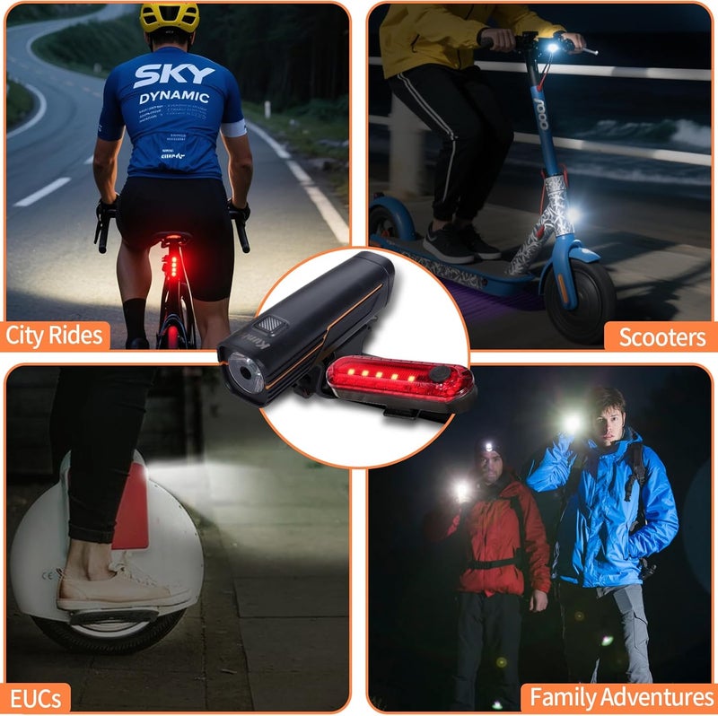 Kunhe 227 Lumens 1600mAh Bike Light Set (1or2or4 or 8 Packs) Rechargeable Front & Rear Bicycle Lights with IPX4 Waterproof 4 Modes for Night Cycling - Image 3